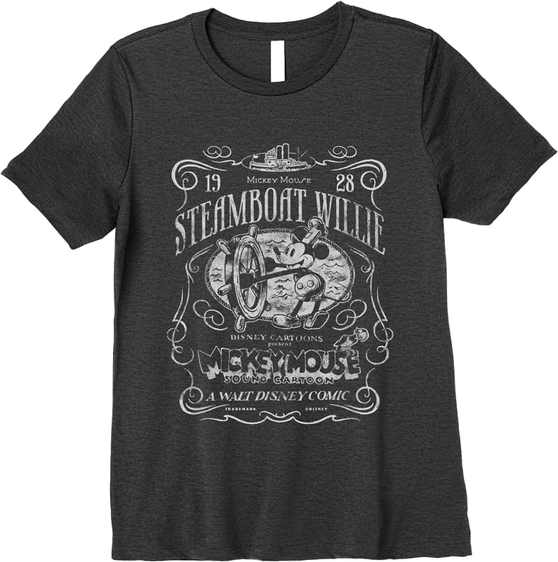 Disney 100 Mickey Mouse Steamboat Willie Poster Homage D100 T Shirts Dark Heather Disney 100 Mickey Mouse Steamboat Willie Poster Homage D100 T Shirts Dark Heather