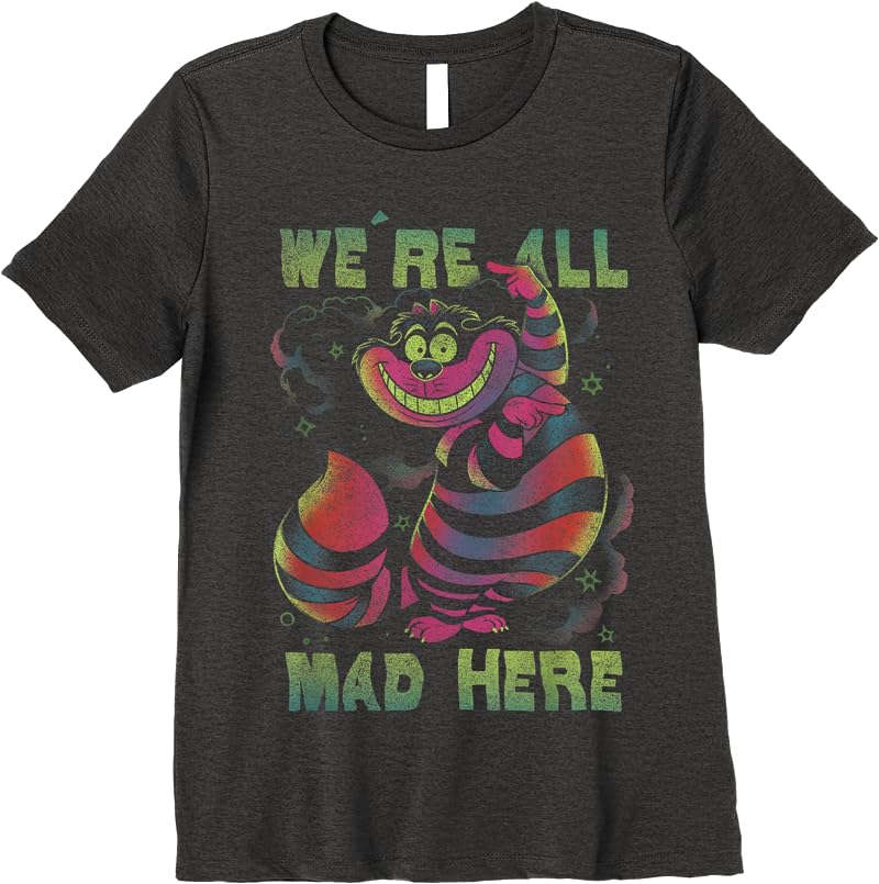 Disney Alice In Wonderland Cheshire Cat Neon All Mad Here Short Sleeve T Shirts Dark Heather Disney Alice In Wonderland Cheshire Cat Neon All Mad Here Short Sleeve T Shirts Dark Heather