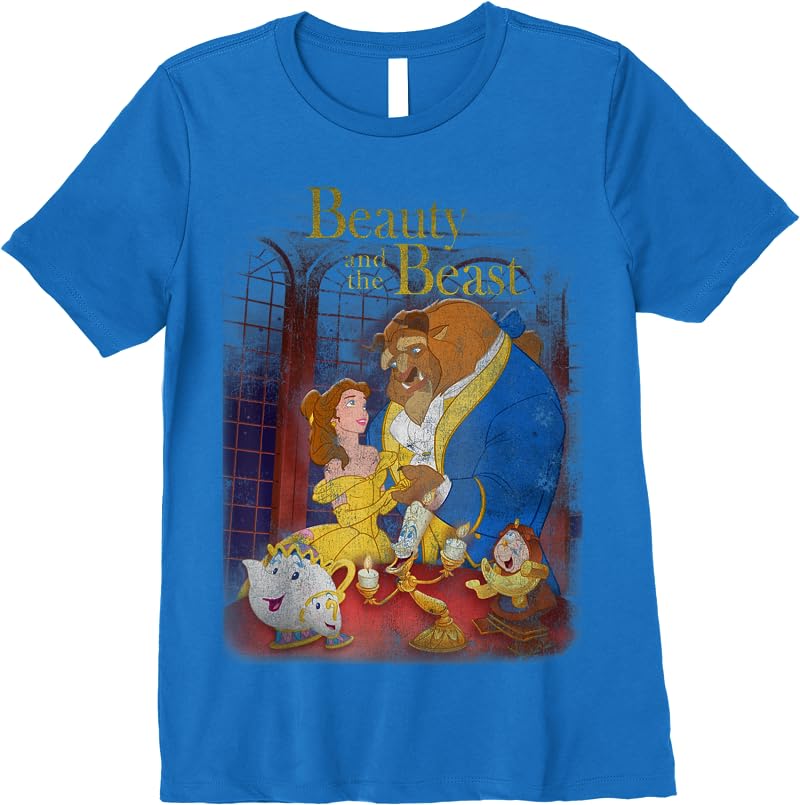 Disney Beauty And The Beast Distressed Vintage Group Shot T Shirts Royal Blue Disney Beauty And The Beast Distressed Vintage Group Shot T Shirts Royal Blue