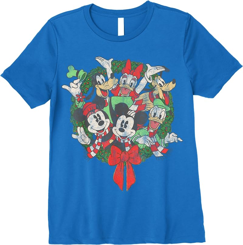 Disney Group Shot Christmas Wreath T Shirts Royal Blue Disney Group Shot Christmas Wreath T Shirts Royal Blue