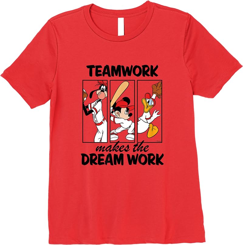 Disney - Mickey Team Work Makes The Dream Work Baseball T Shirts Red