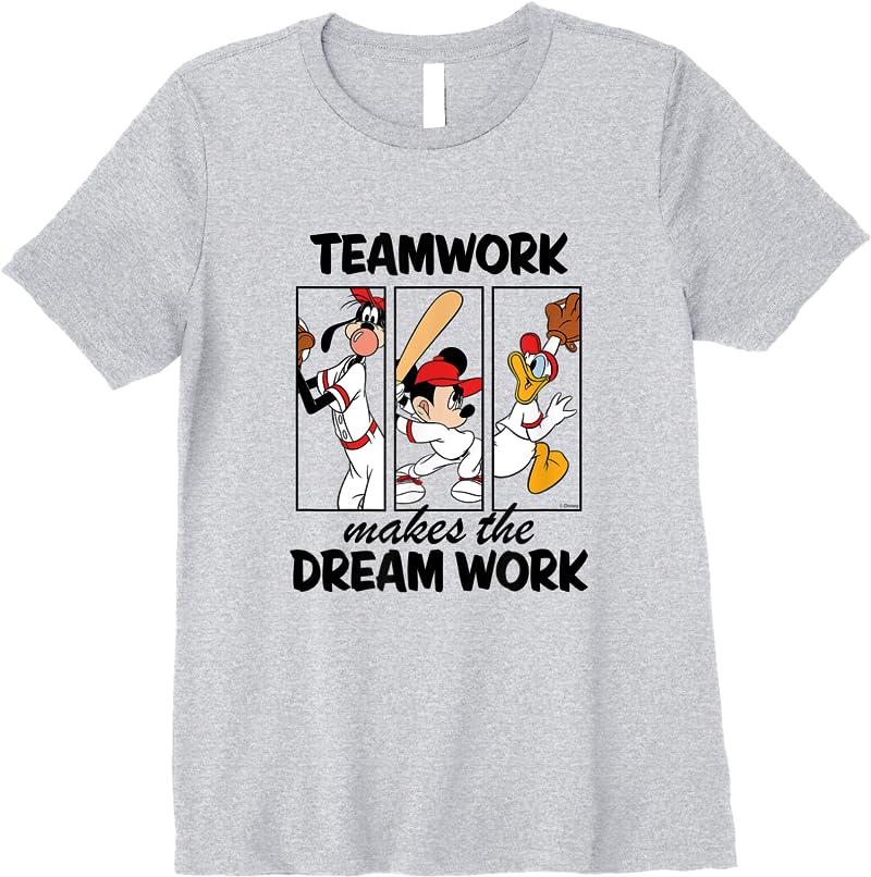 Disney - Mickey Team Work Makes The Dream Work Baseball T Shirts Sport Grey