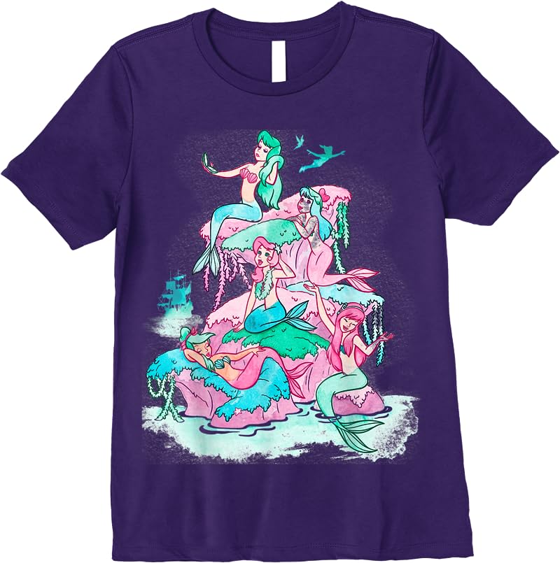 Disney Peter Pan Mermaids Watercolor Retro Graphic T Shirts Purple Disney Peter Pan Mermaids Watercolor Retro Graphic T Shirts Purple