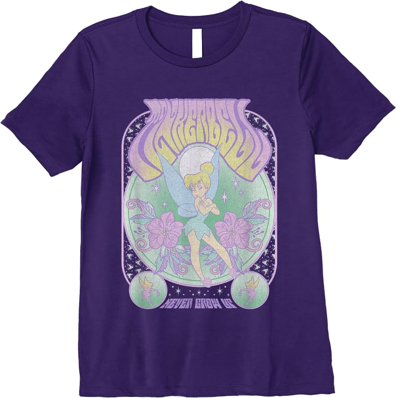 Disney Peter Pan Tinker Bell Never Grow Up Seventies Poster T Shirts Purple Disney Peter Pan Tinker Bell Never Grow Up Seventies Poster T Shirts Purple