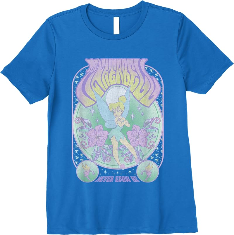 Disney Peter Pan Tinker Bell Never Grow Up Seventies Poster T Shirts Royal Blue Disney Peter Pan Tinker Bell Never Grow Up Seventies Poster T Shirts Royal Blue