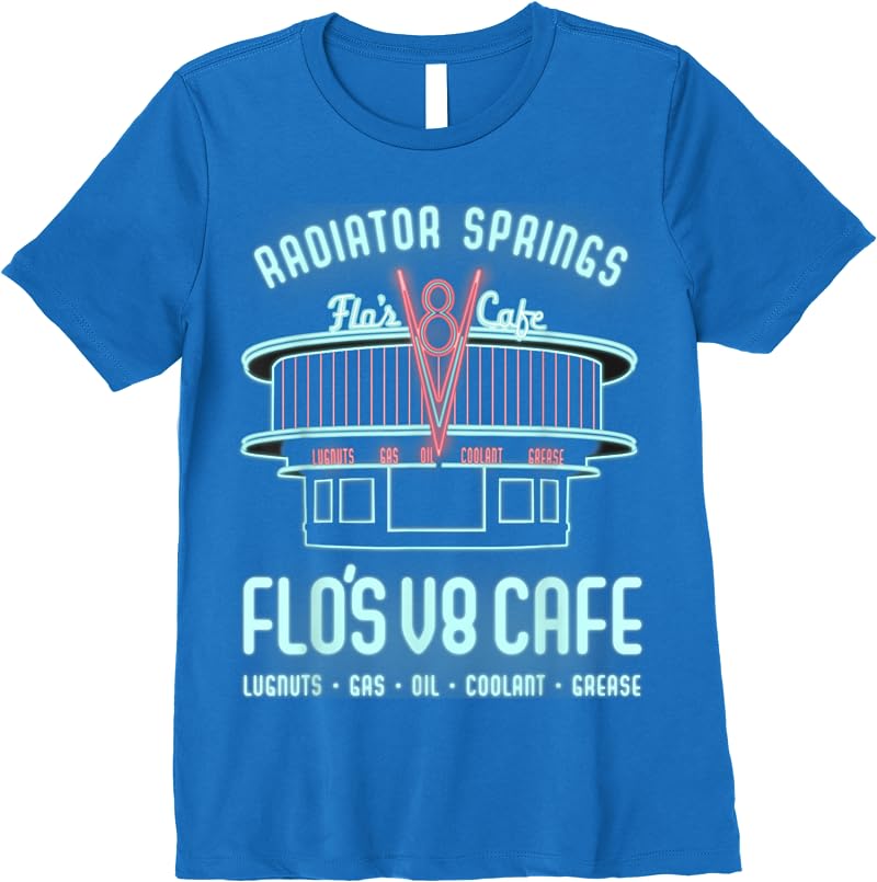 Disney Pixar Cars Flos V8 Cafe Poster Graphic T Shirts Royal Blue Disney Pixar Cars Flos V8 Cafe Poster Graphic T Shirts Royal Blue