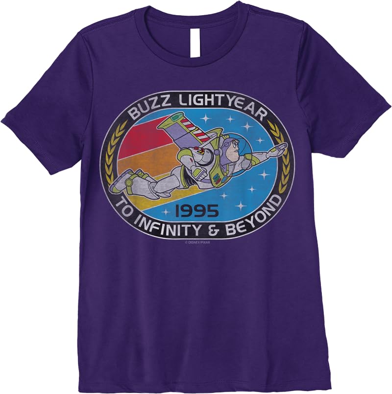 Disney Pixar Toy Story Buzz Lightyear To Infinity Badge T Shirts Purple Disney Pixar Toy Story Buzz Lightyear To Infinity Badge T Shirts Purple