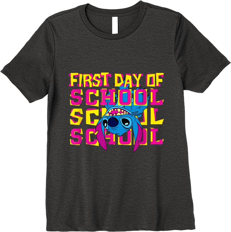 Disney Stitch Neon First Day Of School T Shirts Dark Heather Disney Stitch Neon First Day Of School T Shirts Dark Heather